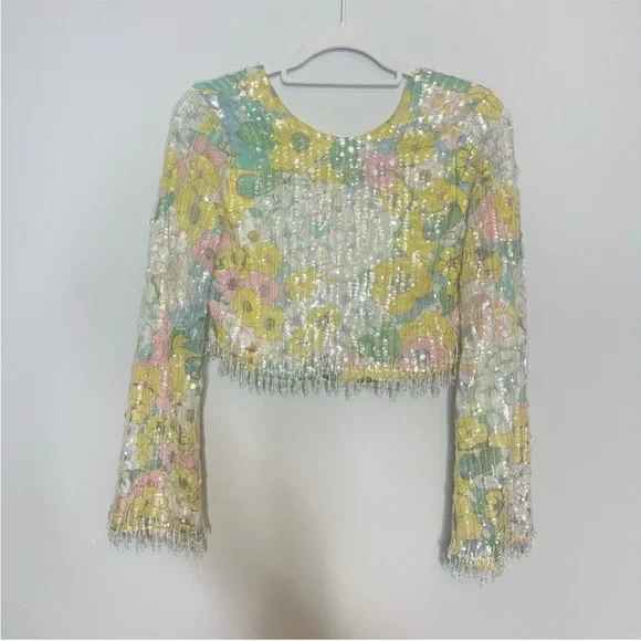 ASOS EDITION pastel floral print and sequin long sleeve top with fringe - Picture 7 of 13